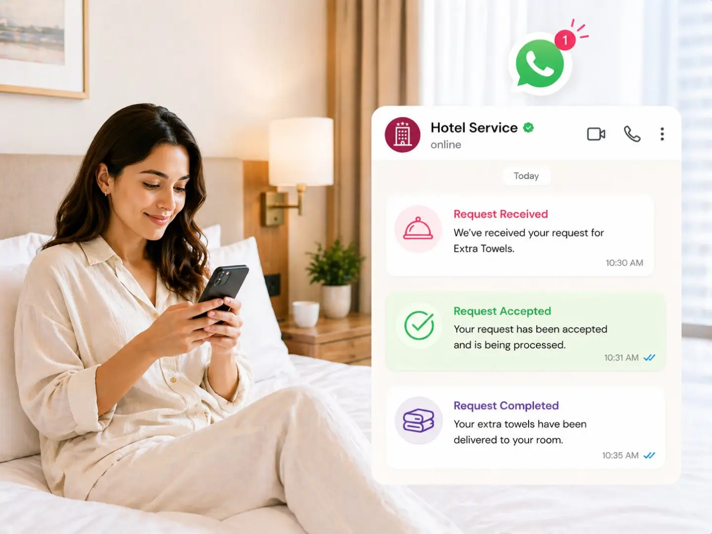 Guest holding a phone with a WhatsApp conversation